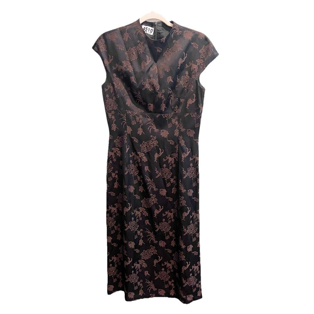 Vintage Satin Brocade Black Midi Dress Floral Cap Sleeve Asian S/M Whimsigoth